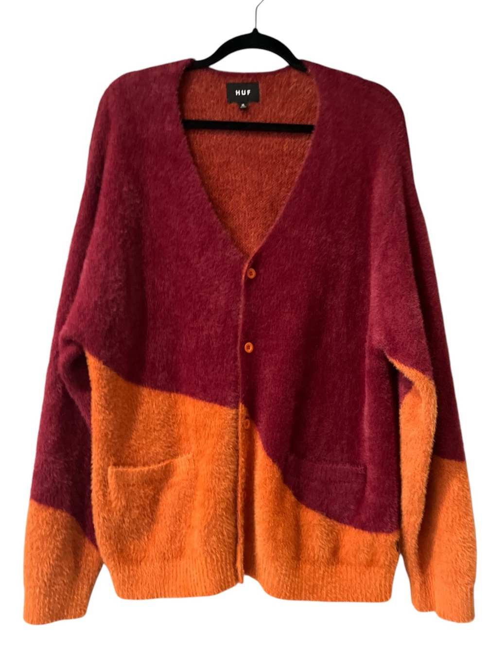 HUF Burgundy and Orange Colorblock V‑Neck Cardigan Soft Fuzzy XL